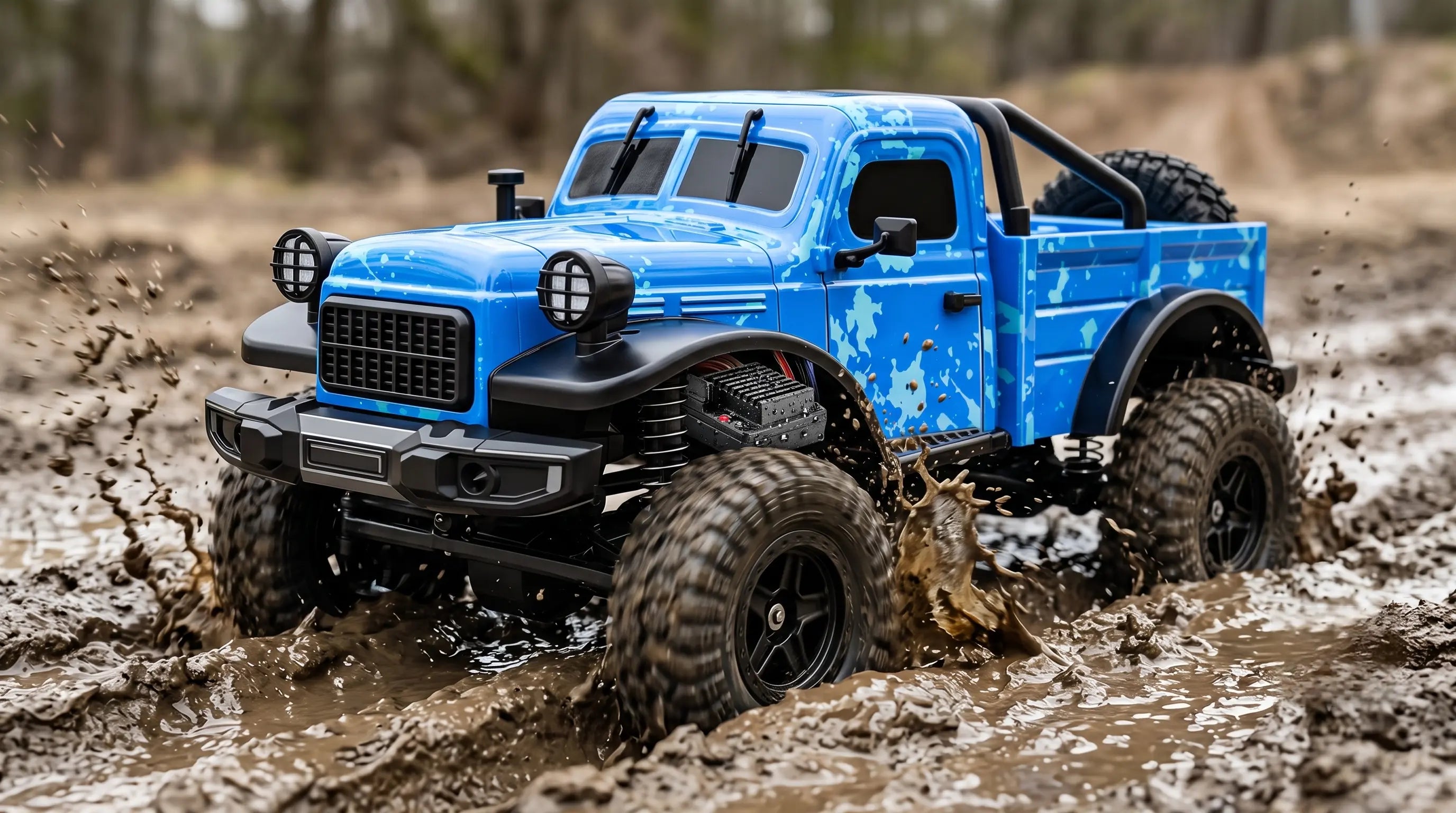 2.4G waterproof RC crawler off-road truck splashing through deep mud, demonstrating the durability of its sealed electronics.