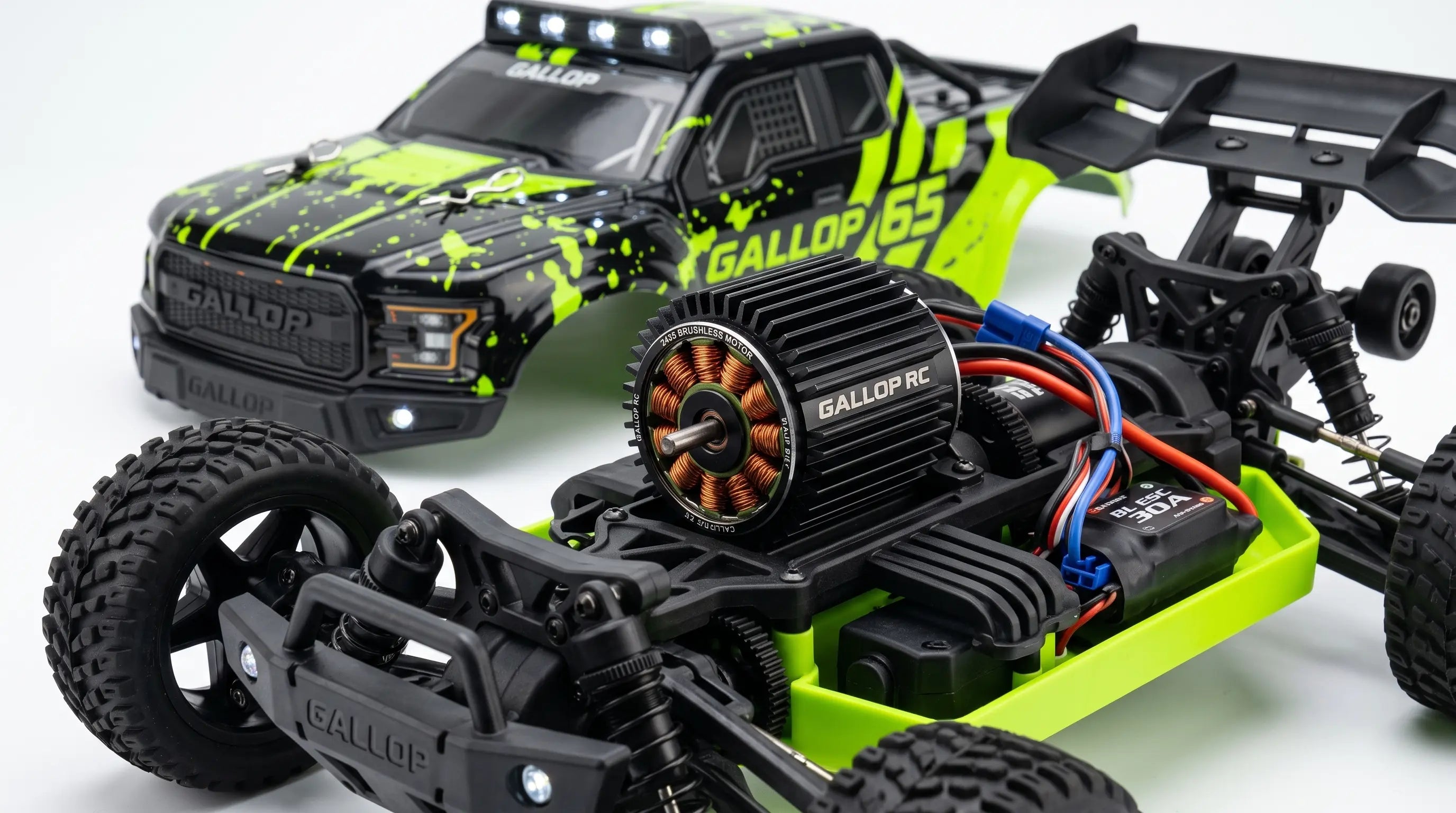 Close-up of the 2435 brushless motor and aluminum heat sink installed in the 1/18 scale GALLOP 65 RC off-road truck chassis