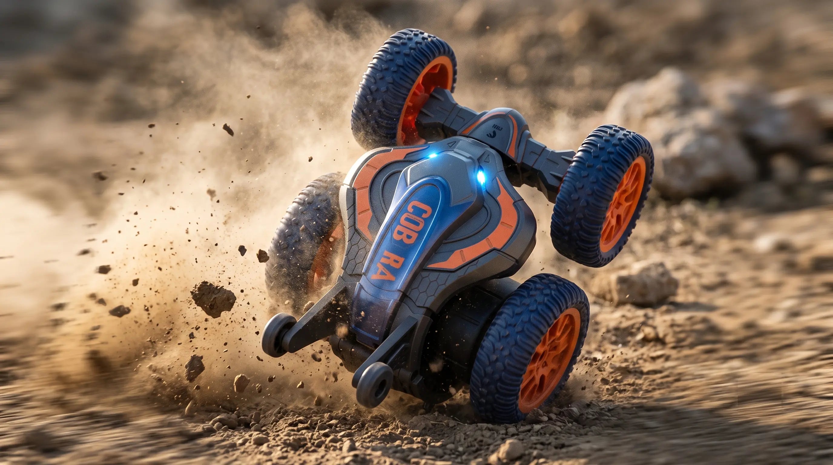 The Cobra folding transformable stunt RC car standing upright in a bi-pedal stance on its rear guide wheels.