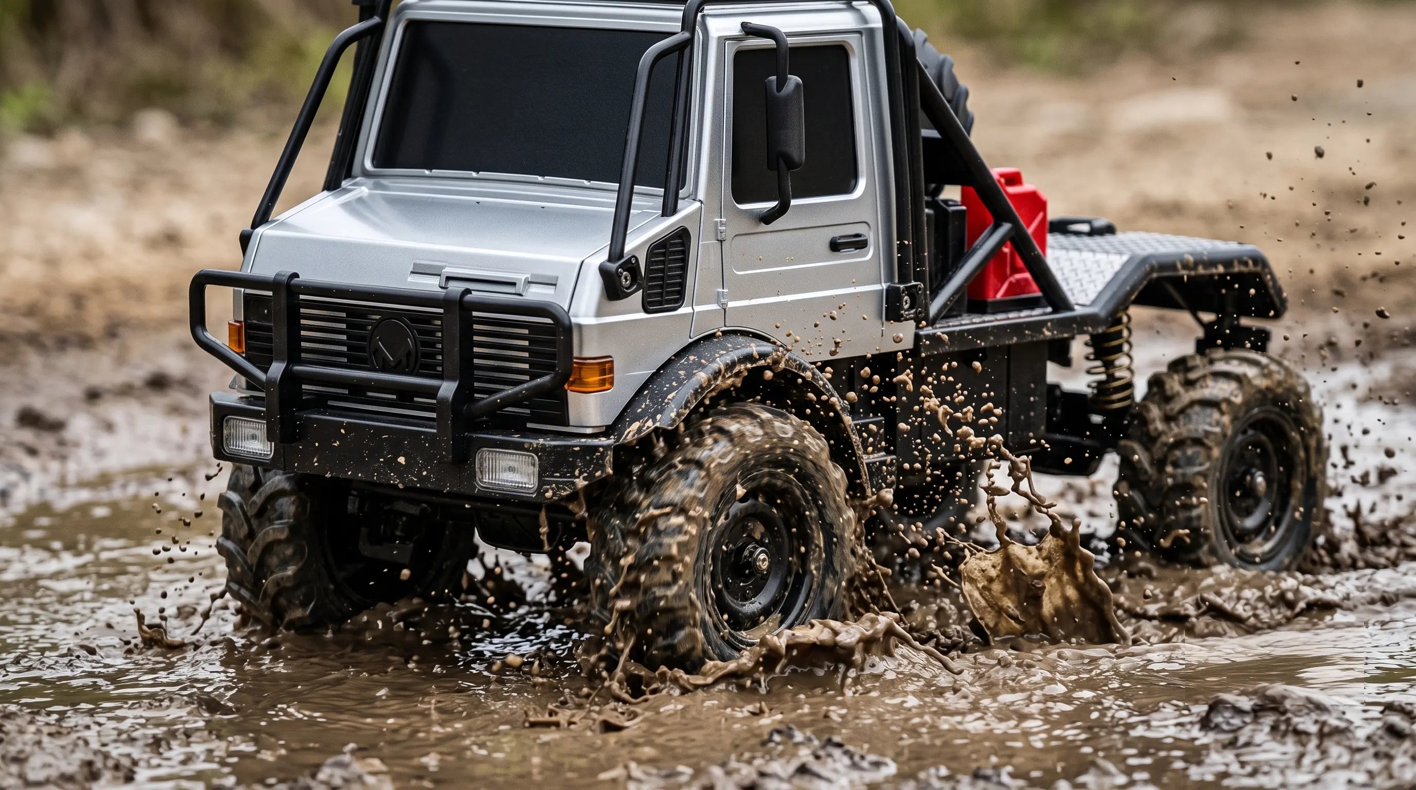 Metallic silver 4WD All Terrain Off-Road RC Semi-Truck featuring a black tubular roll cage, front bull bar, and a rear diamond-plate bed with a red jerry can.