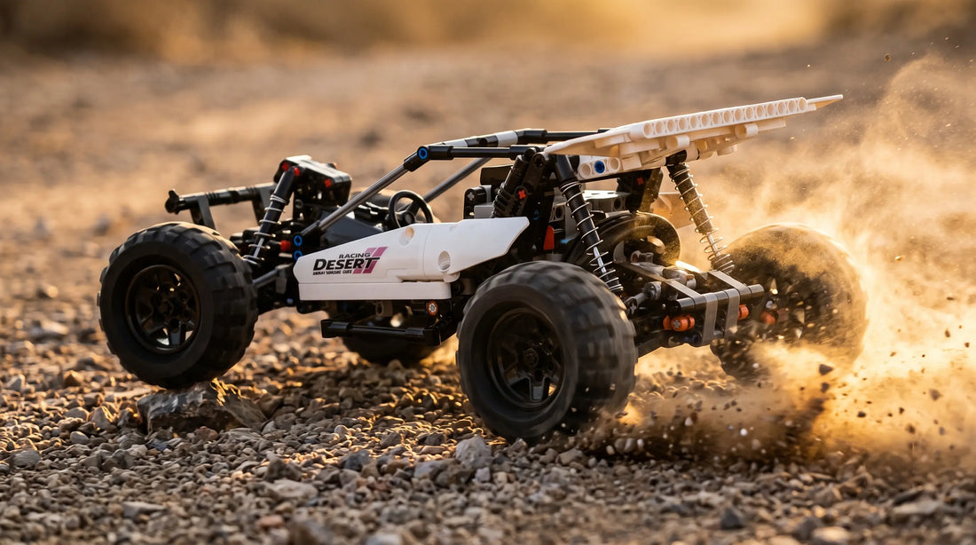 394-Piece Dual Mode DIY RC Vehicle demonstrating suspension compression while climbing a rock on loose gravel