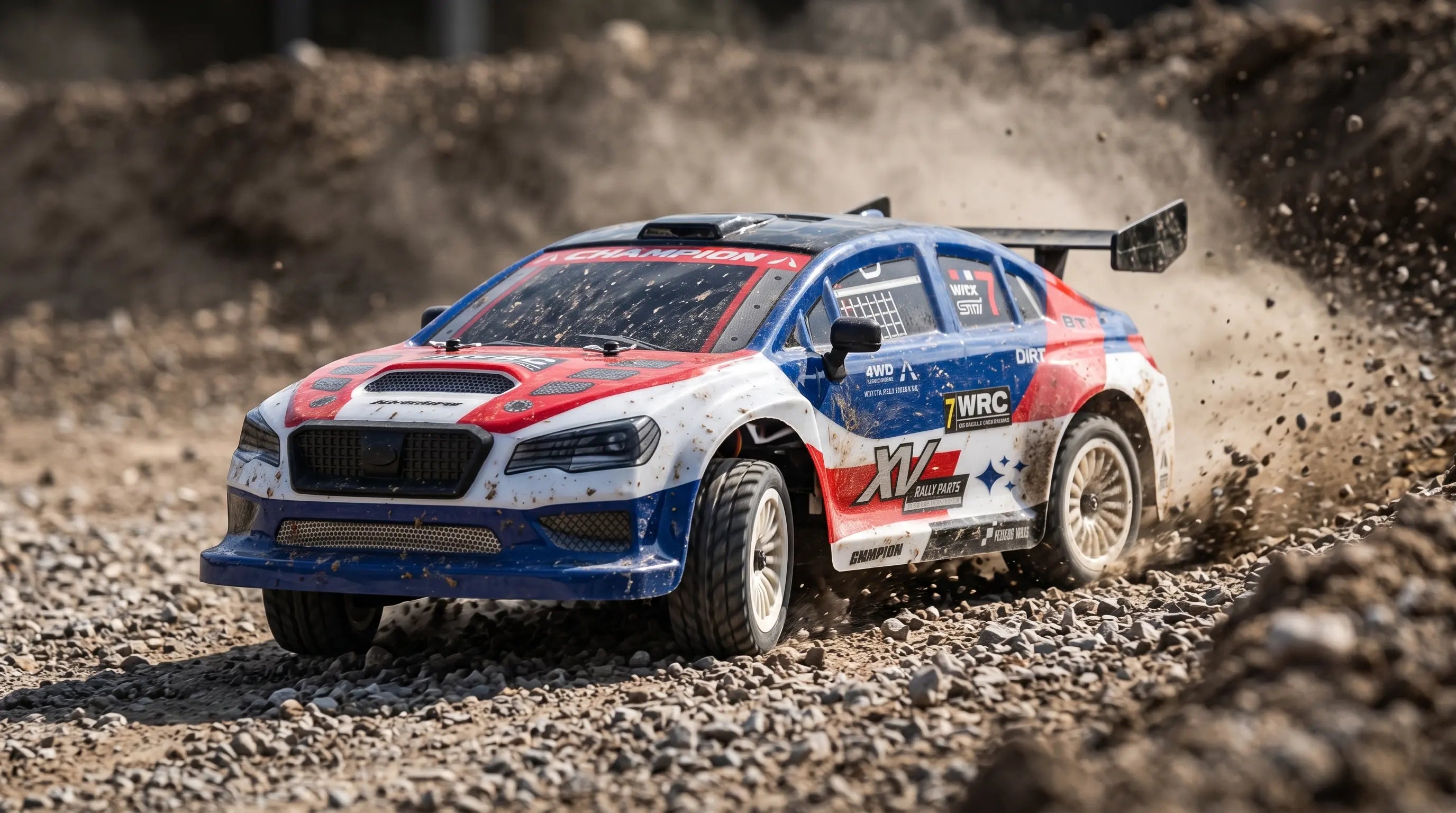  1/16 scale RC rally car equipped with treaded tires tearing through a dusty gravel corner, kicking up dirt during a high-impact stress test.
