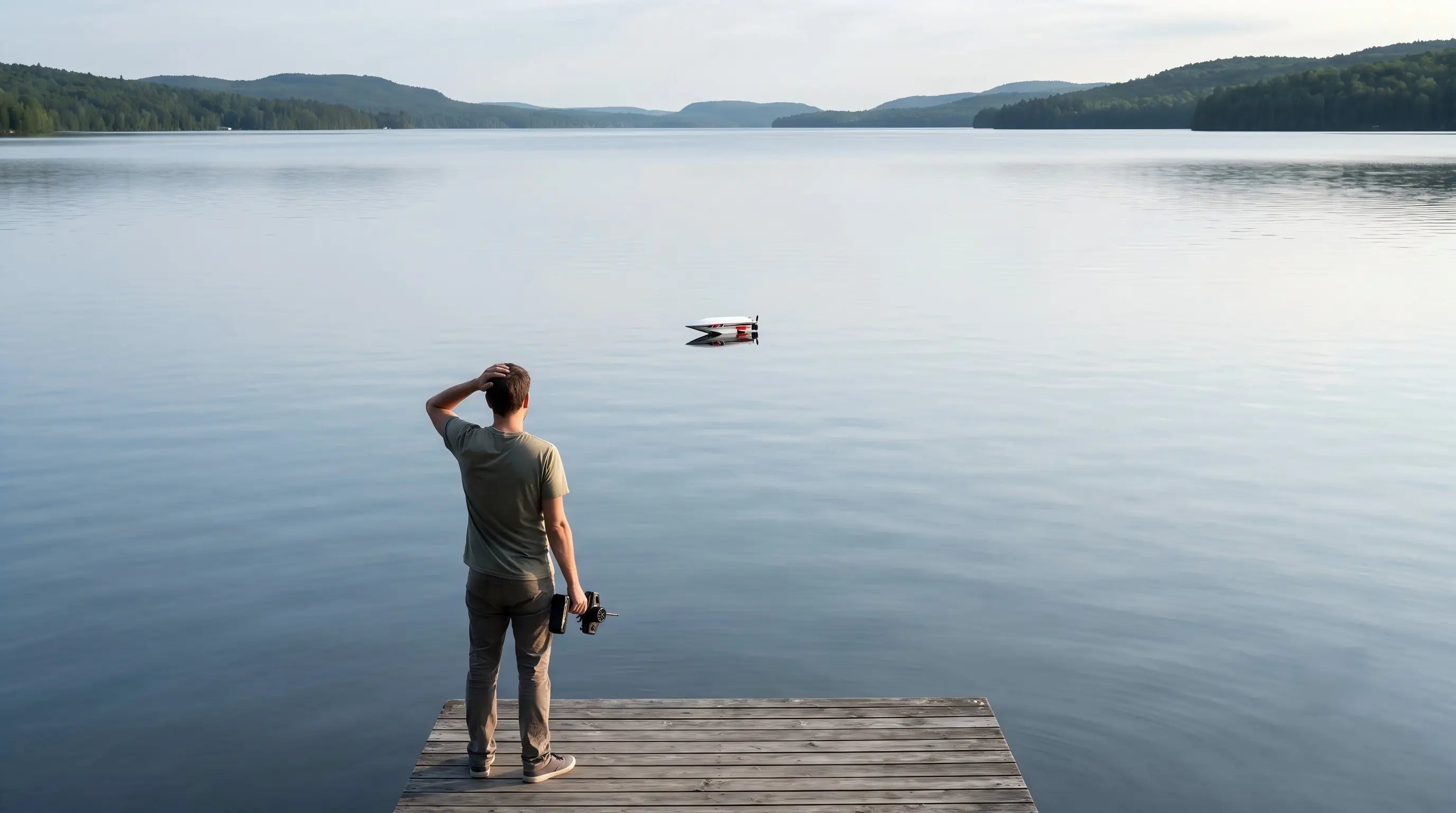 A frustrated man standing on a wooden lake dock holding a remote control, looking helplessly at a small white RC boat floating upside down in the distance on a calm lake.