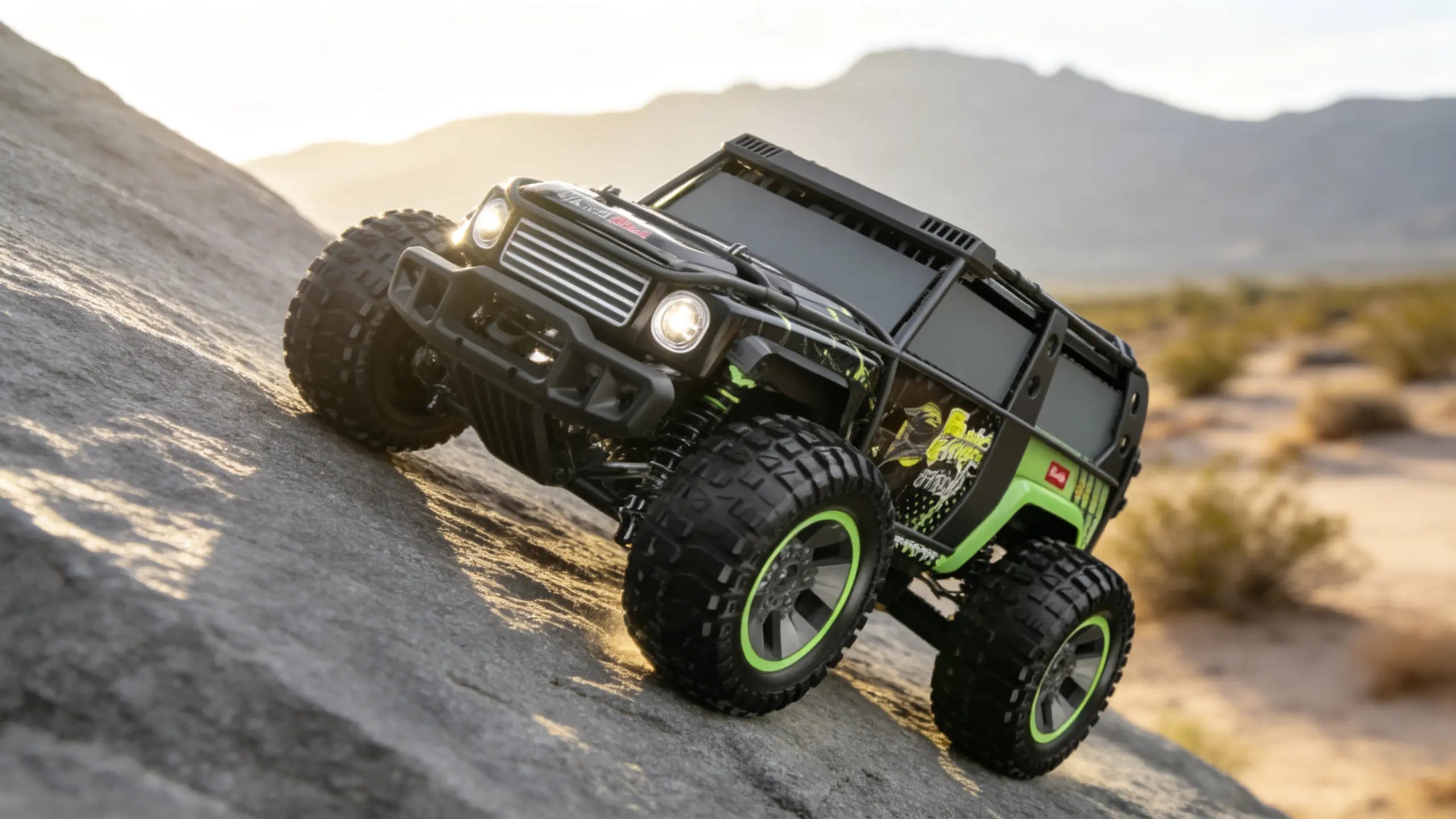 A 4WD Brushless Off-Road RC Truck performing a high-torque climb on rocky terrain, showcasing its superior off-road performance.