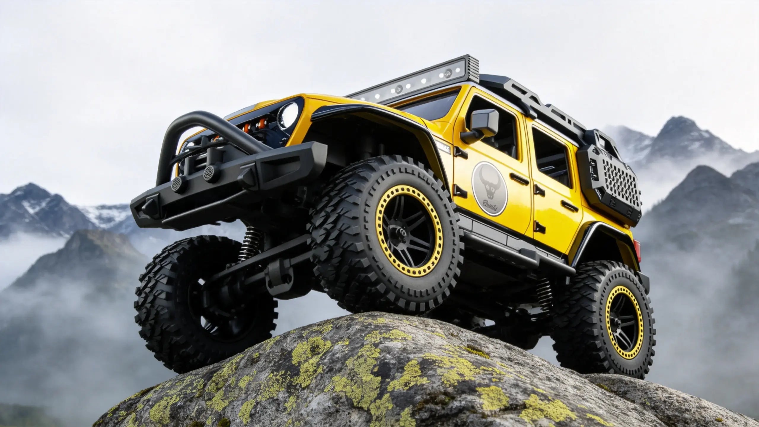 A yellow, modified off-road truck perched on rocks with a backdrop of misty mountains.