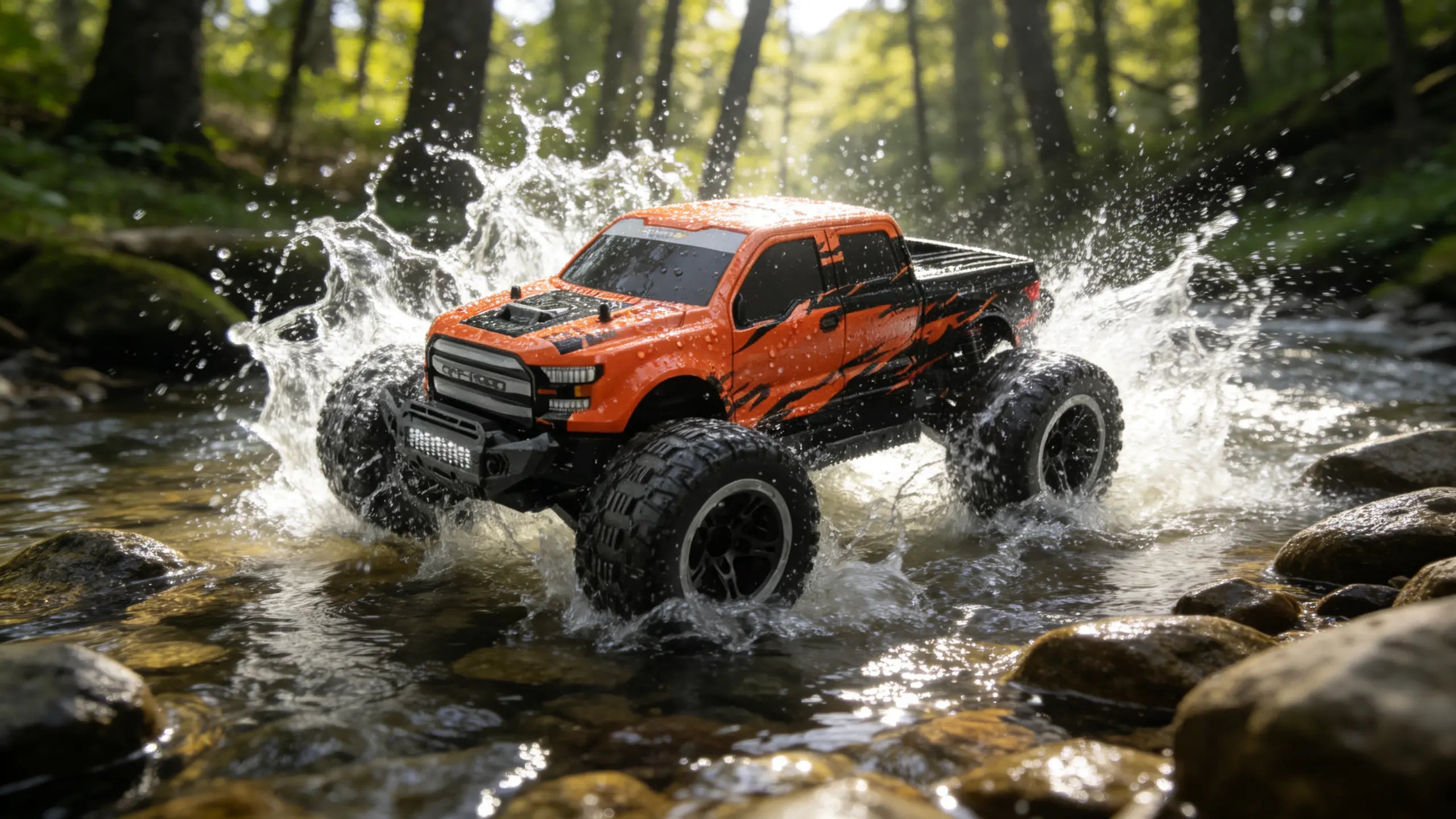 A Speed Off-Road RC Car with black flame decals drives at high speed through a sun-dappled forest stream, demonstrating its off-road capability.