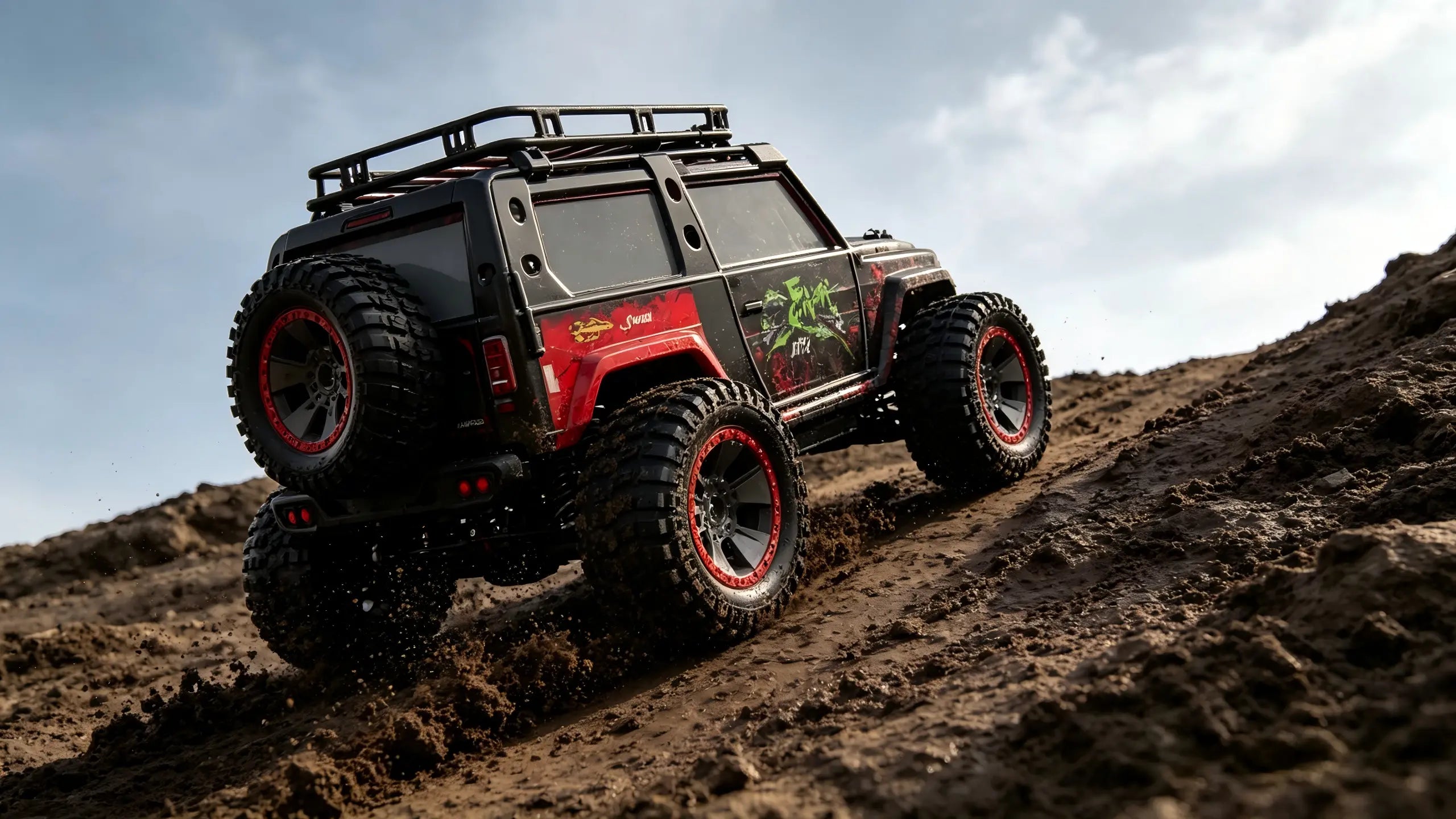 A powerful Brushless RC Car​ with black and red livery tears up a muddy hill in the wild, its large off-road tires providing exceptional traction and kicking up dirt.