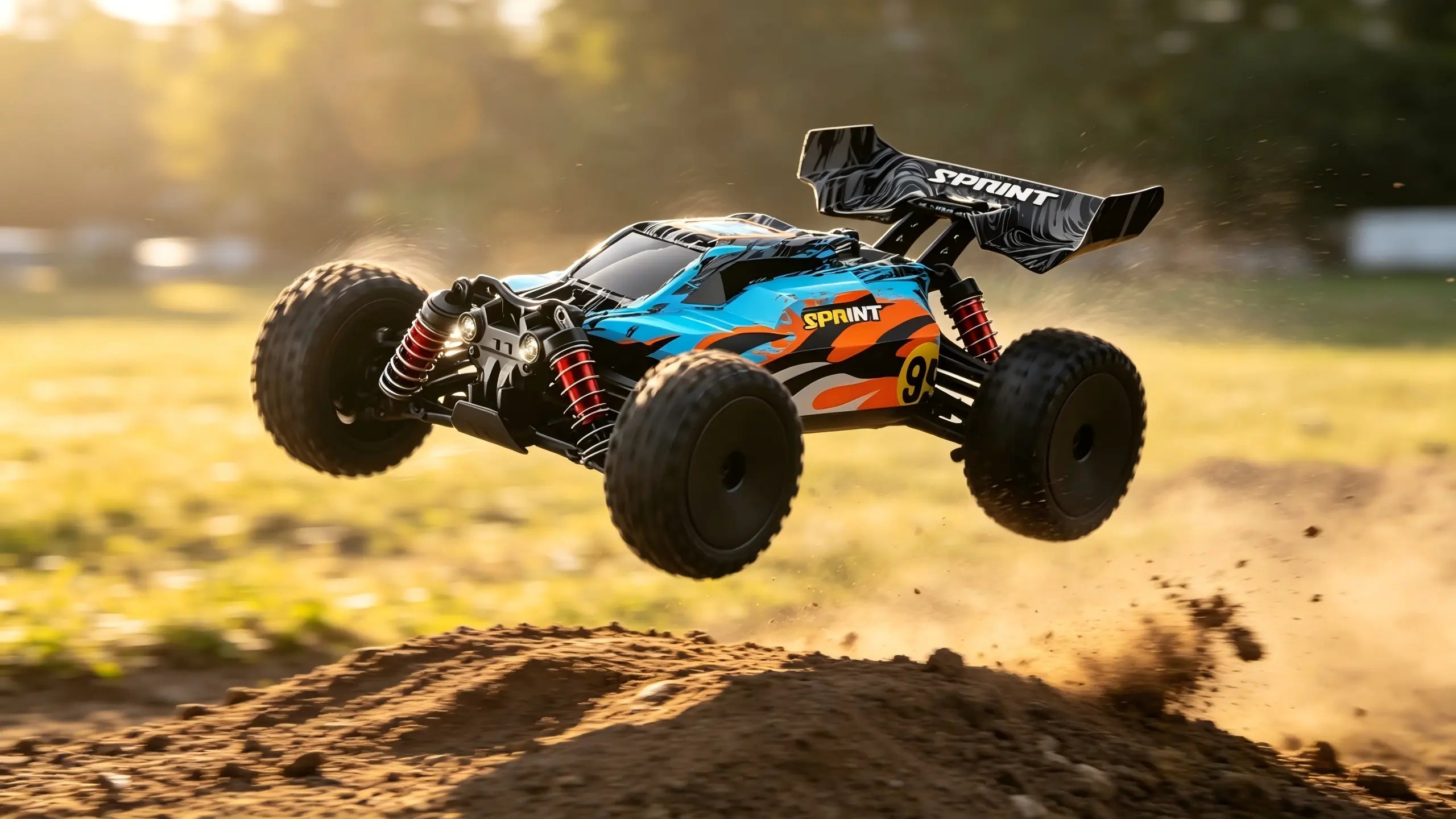A blue and orange #95 SPRINT RC Off-Road vehicle performing a high-speed jump on an outdoor grassy terrain.