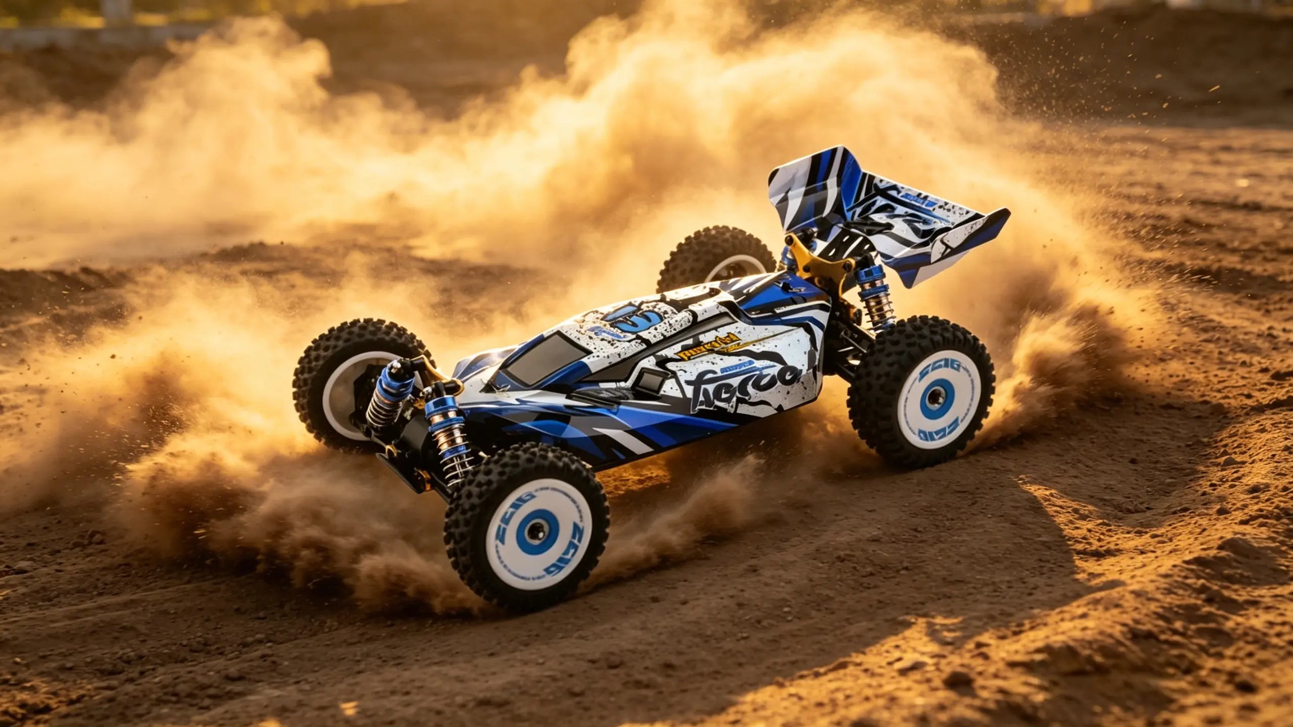 A blue and white Brushless RC Racing Car​ accelerates at full speed on a dirt track, creating a dramatic dust cloud that highlights its powerful performance and off-road capabilities.