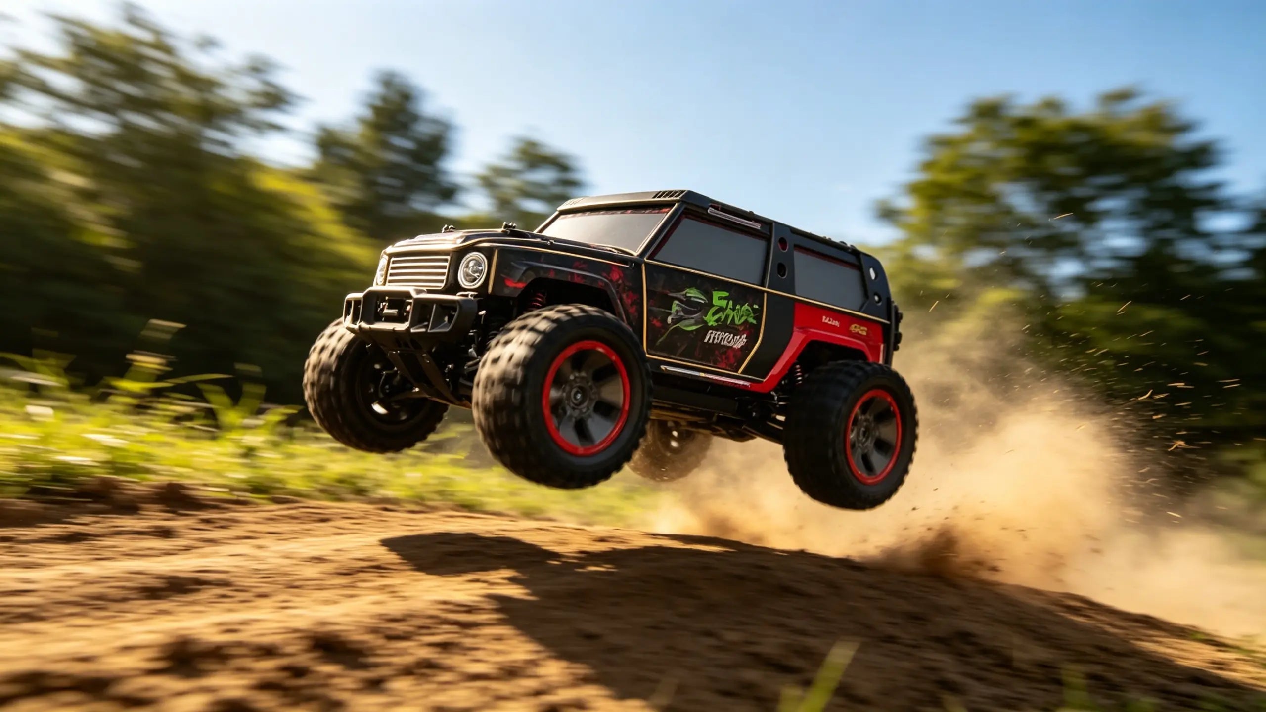 A powerful 1/10 scale brushless RC off-road rig in mid-air, performing a high-flying jump on an outdoor dirt track, showcasing its speed and power.