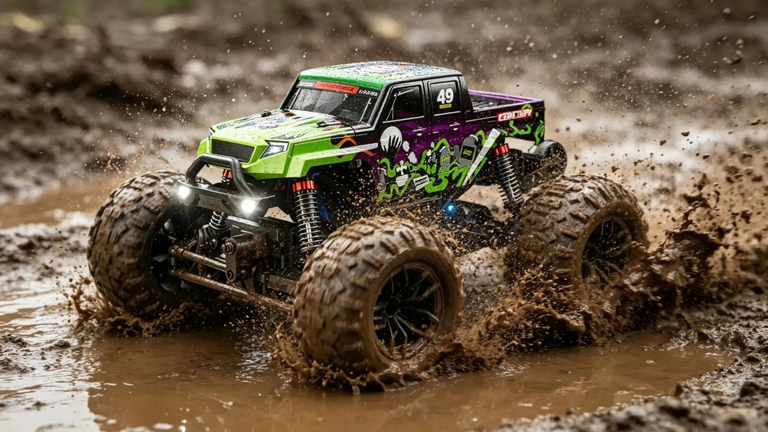 A high-powered RC Monster Truck performs an intense off-road run on muddy, challenging ground, demonstrating its superior traction and power with deep-tread tires and mud-slinging action.