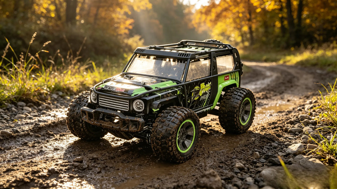 A high-performance RC Off-Road Car tackles a muddy trail through an autumn forest, demonstrating the superior traction of its large off-road tires.