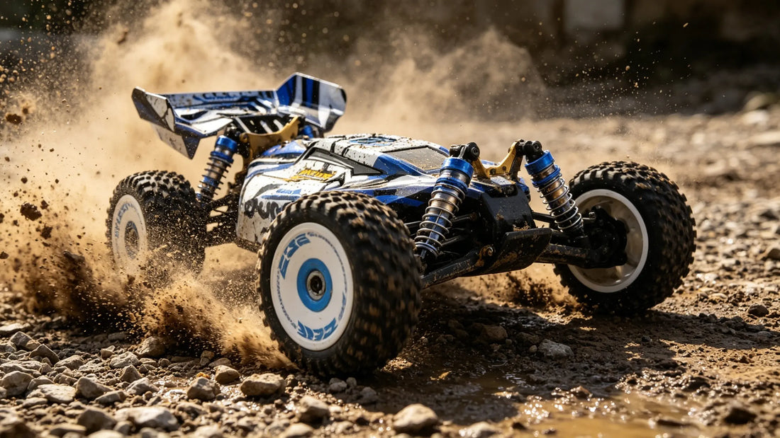A high-performance brushless racing car tears across an off-road surface, showcasing its signature large off-road tires, large rear wing, and dynamic dust trail.