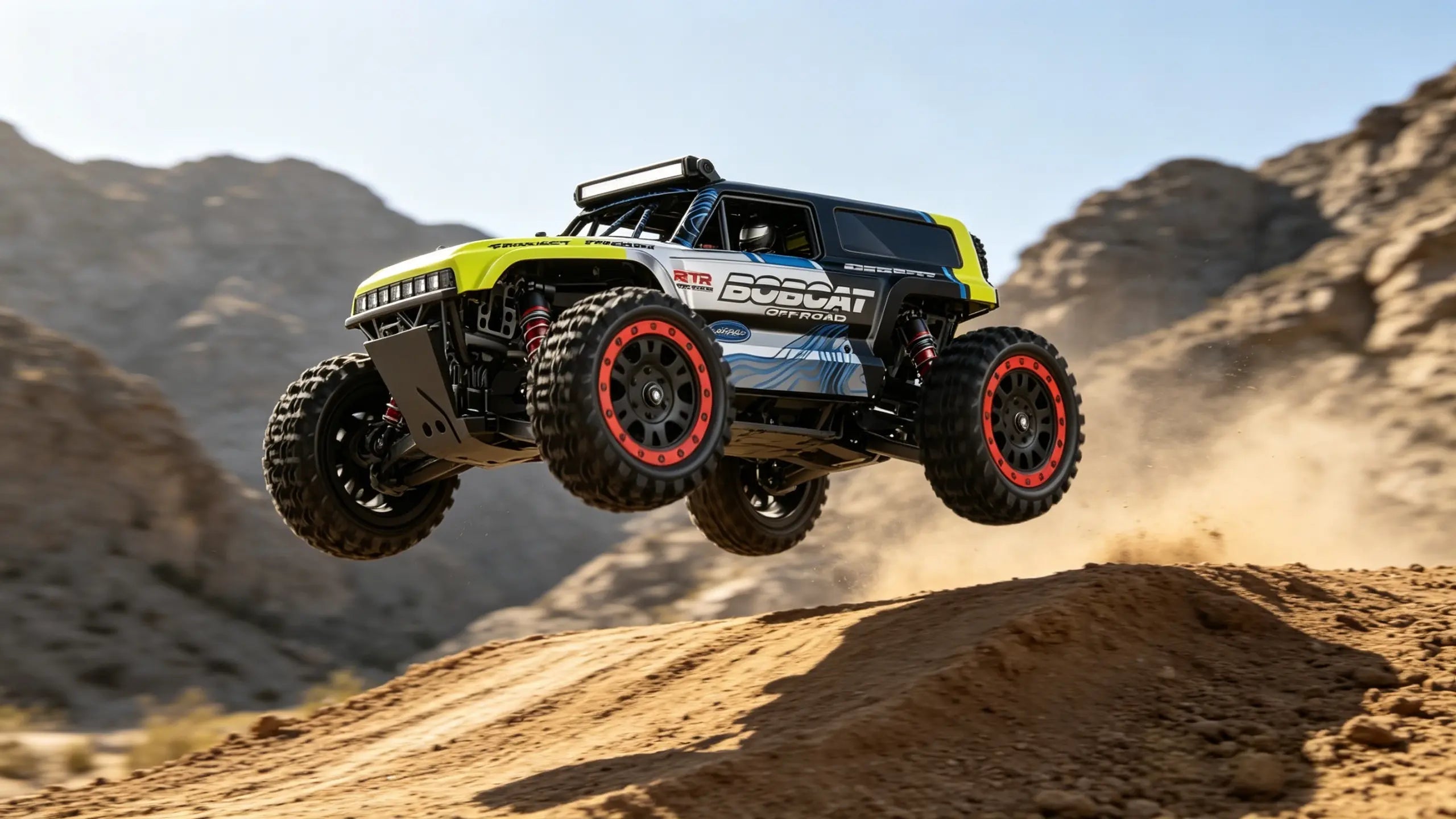 A 4WD RC Brushless off-road truck in black and yellow launches off a dirt mound in the desert, demonstrating its power and agility.