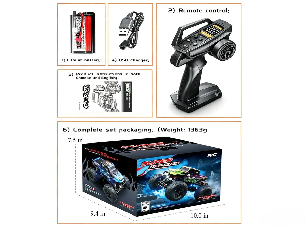 1:18 4WD RC Monster Truck, All-Terrain Off-Road Vehicle ZD-pro RC